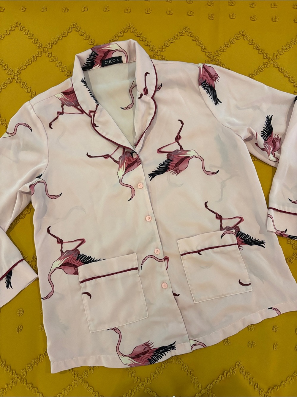 Pink Flamingo Print Silk-Style Button Front Pajama Top/Swim Cover